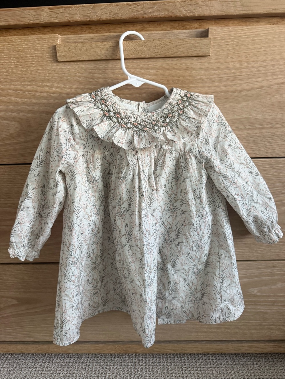 Smocked Ruffle Neck Floral 3T Dress - Cream with Green & Pink